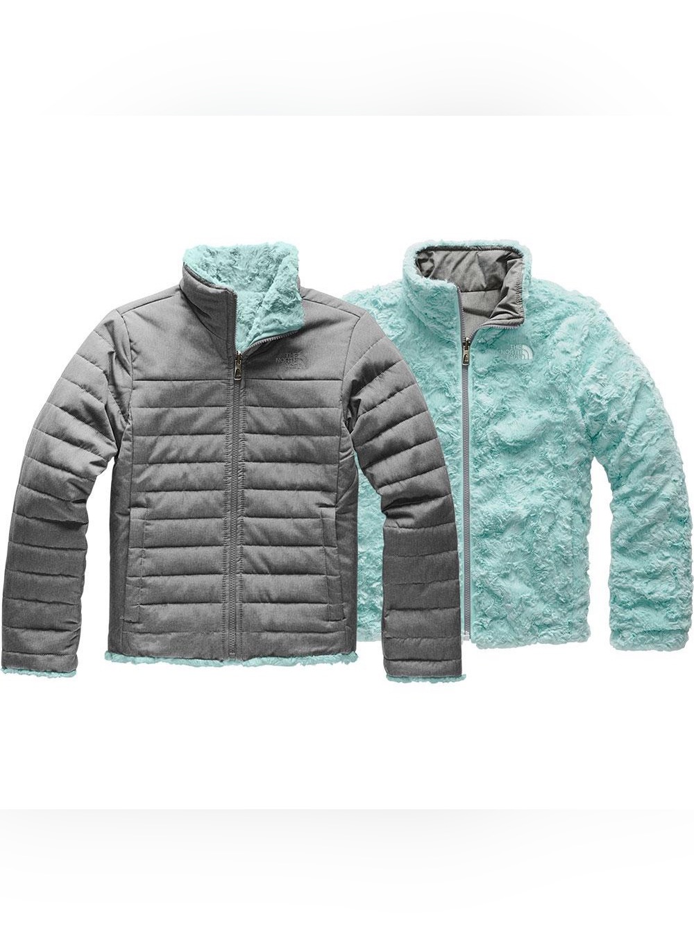 The North Face Reversible Mossbud Swirl Jacket Girls Grey Blue Soft XL 14-16